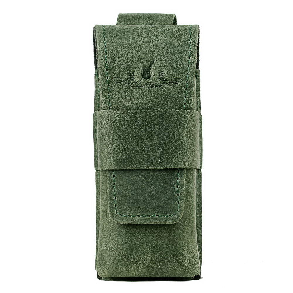 Front shot of green Crazy Horse leather harmonica case with reinforced flap.