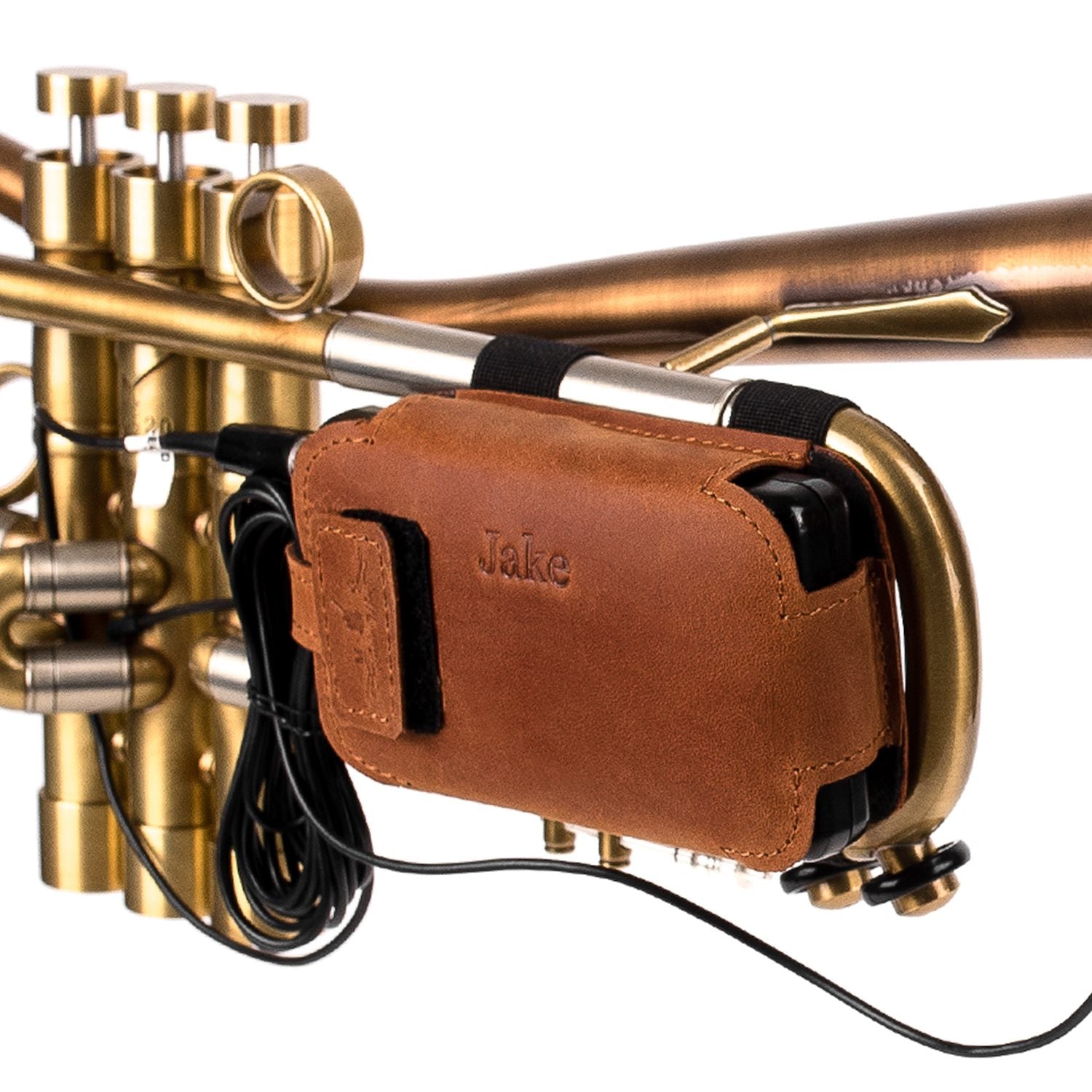 Side angle of a trumpet with leather microphone pouch and connected cable.
