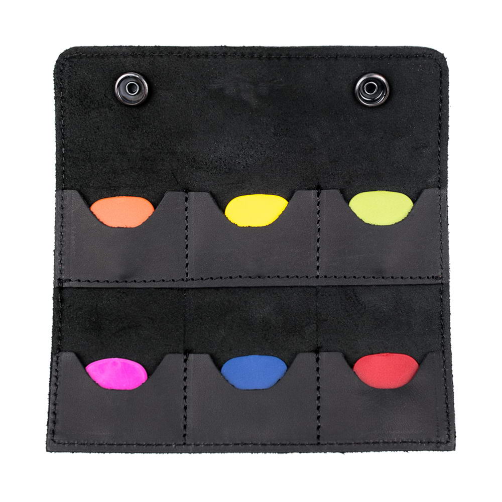 Open front black leather pick case