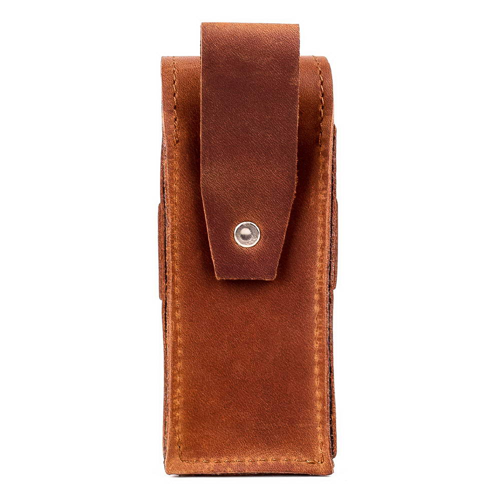 Back of light brown leather harmonica case with belt loop.