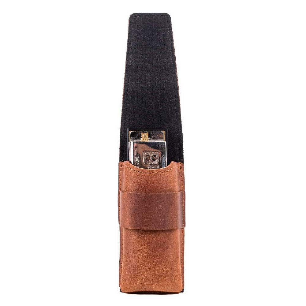 Light brown harmonica leather case with harmonica inside, open flap view.