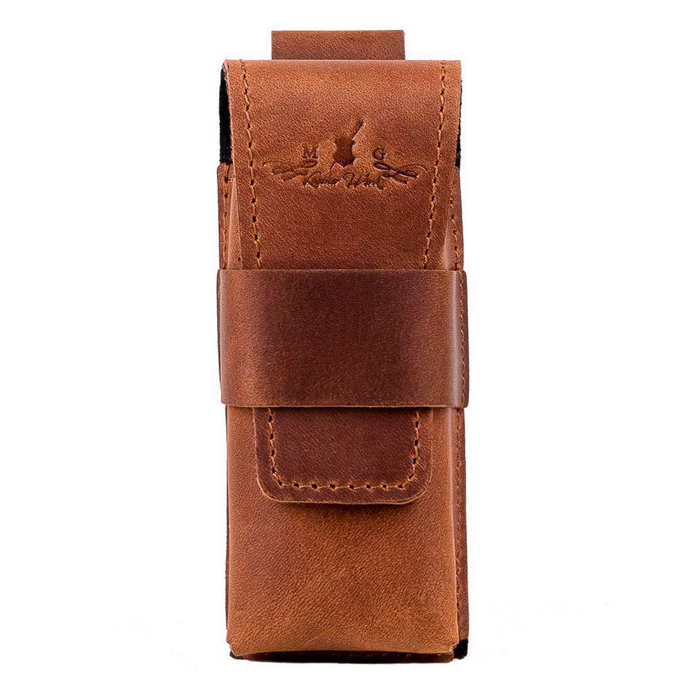 Front view of light brown harmonica case made from Crazy Horse leather.