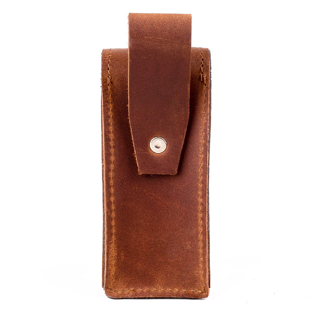 Backside belt loop of Light Brown harmonica leather holder with secure holster clasp