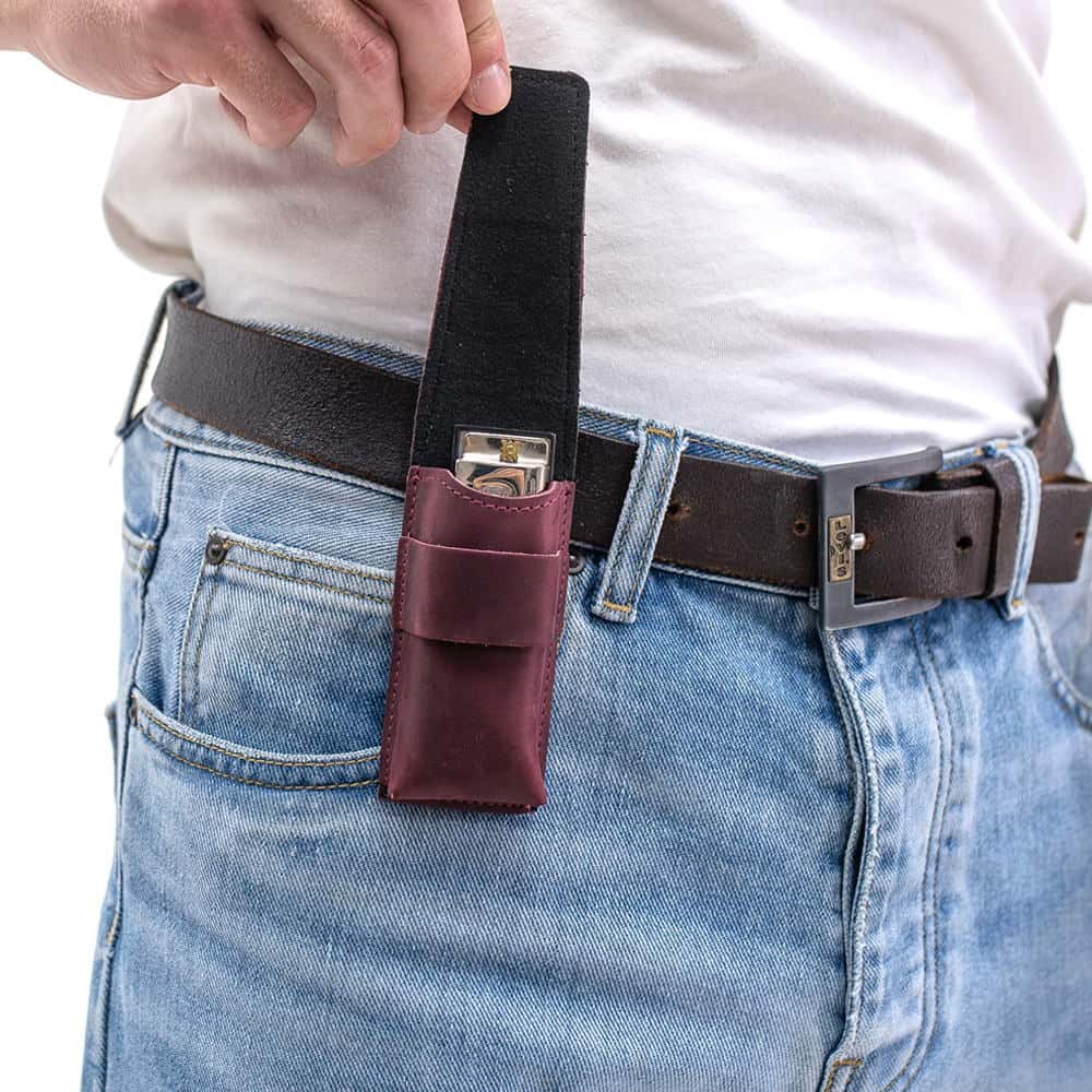 Marsala harmonica holster with open flap showing harmonica inside.