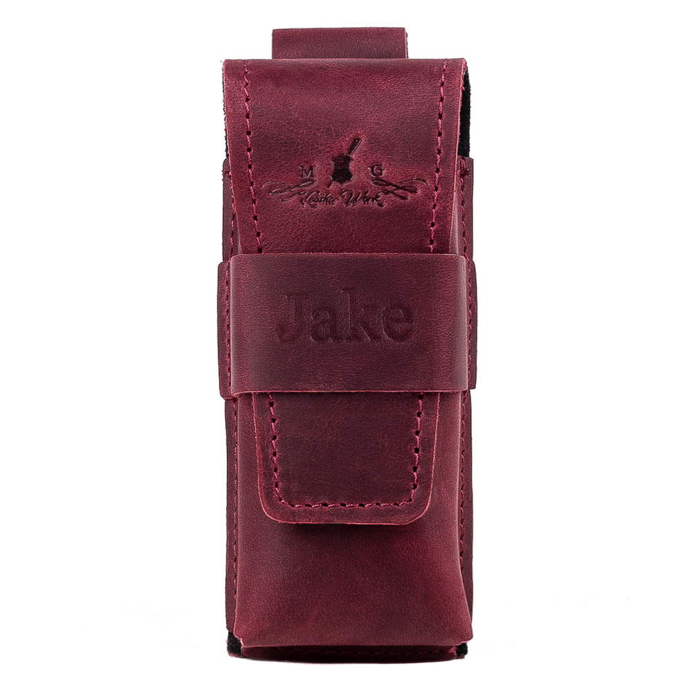 Front view of personalized marsala Crazy Horse leather harmonica case with snap clasp.