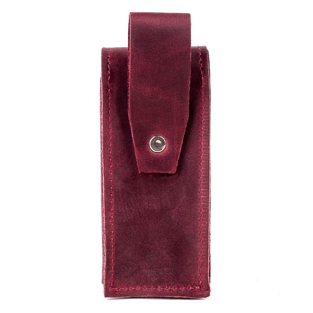 Back side of marsala harmonica leather holster with belt loop and snap button