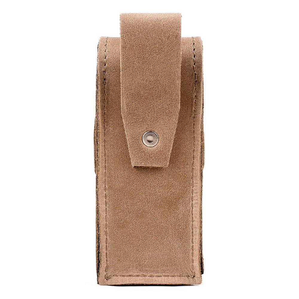 Back side of olive leather harmonica case featuring belt loop and snap fastening.