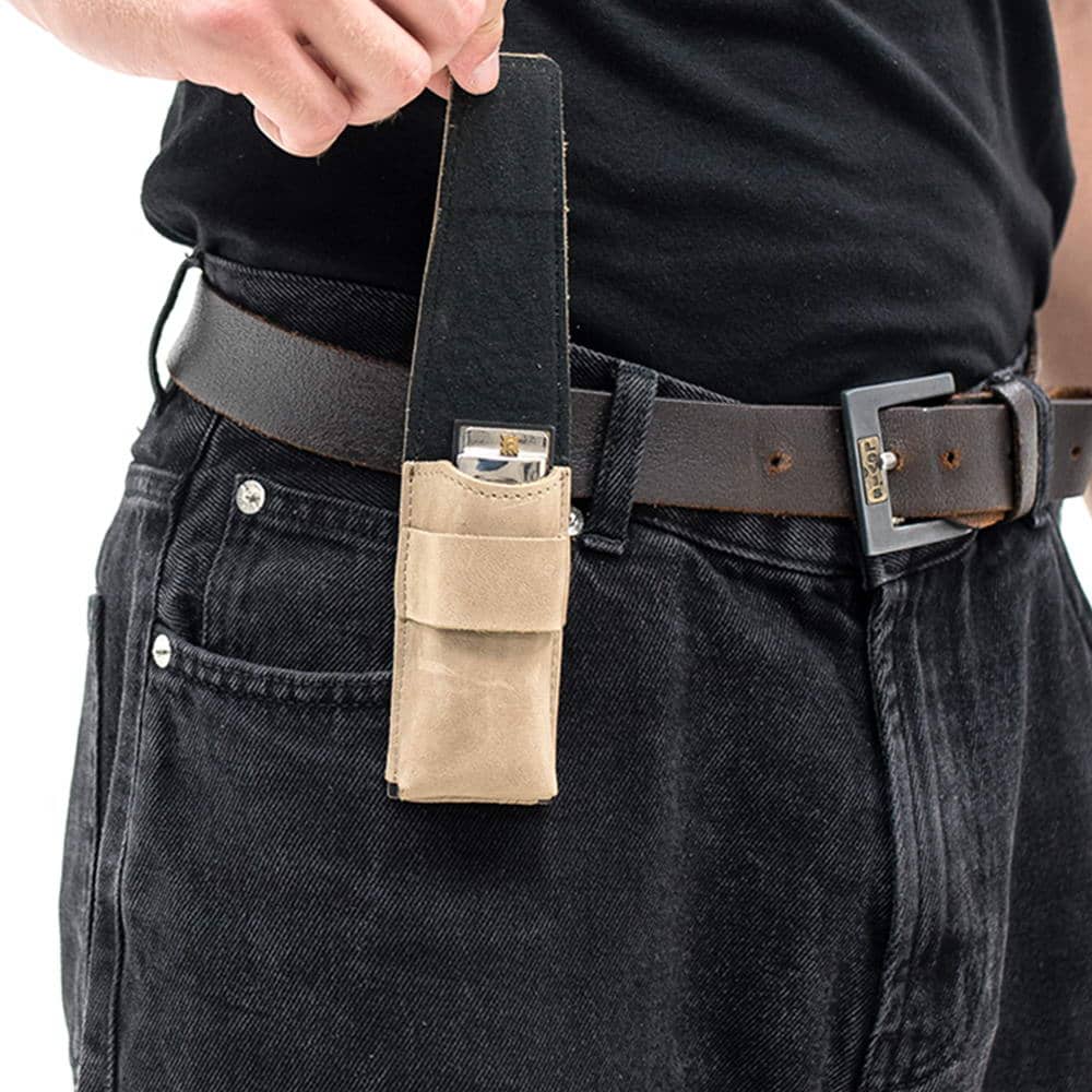 Olive harmonica holster with belt clip and open flap showing instrument inside.