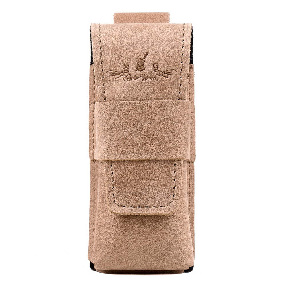 Front view of olive leather harmonica case with reinforced flap and Crazy Horse finish.