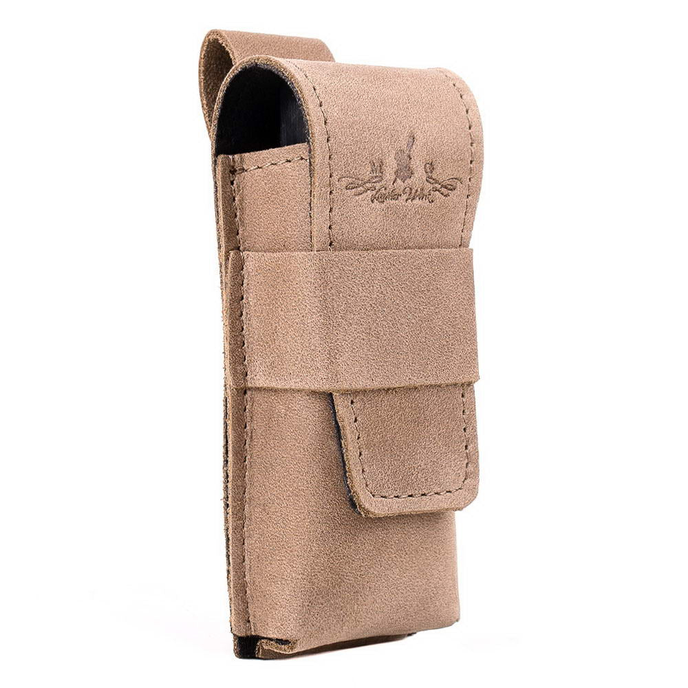 Angled front view of olive harmonica leather holster with snap closure.