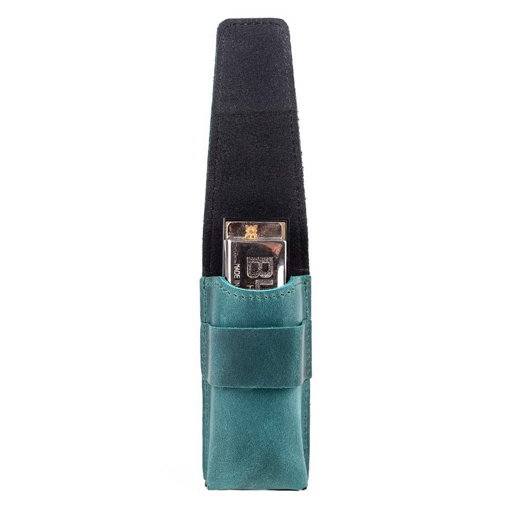 Opal leather harmonica case with harmonica inside, open to reveal lining.