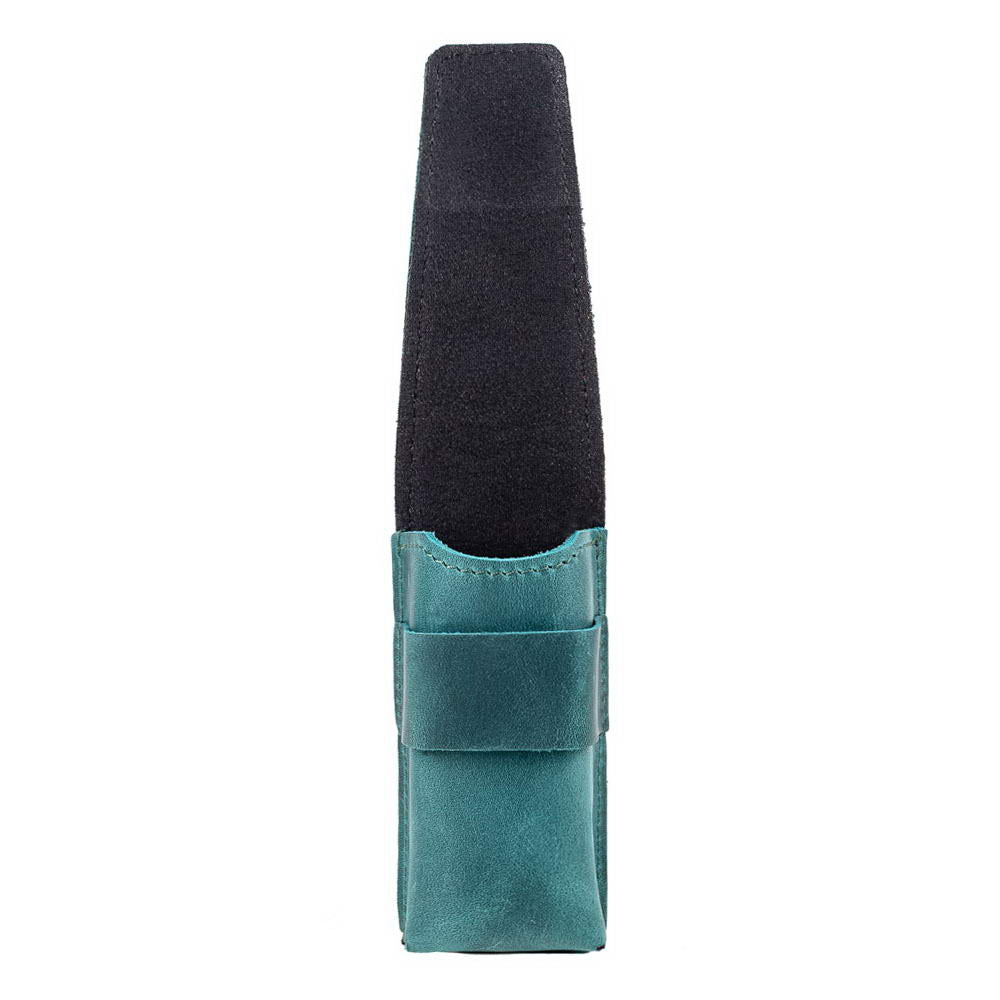 Side view of opal leather harmonica holder with flap open showing interior.
