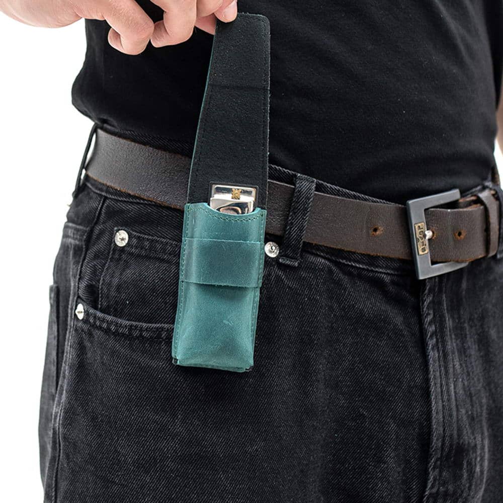 Opal harmonica holster with belt clip and open flap showing harmonica.