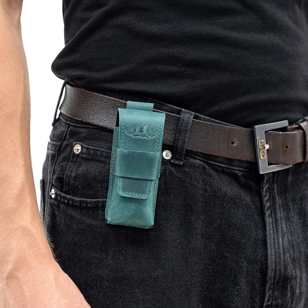 Opal leather harmonica case mounted on black belt