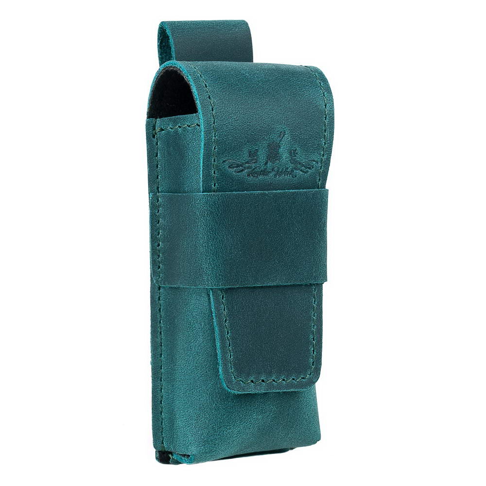 Angled shot of opal harmonica leather holster featuring snap closure.