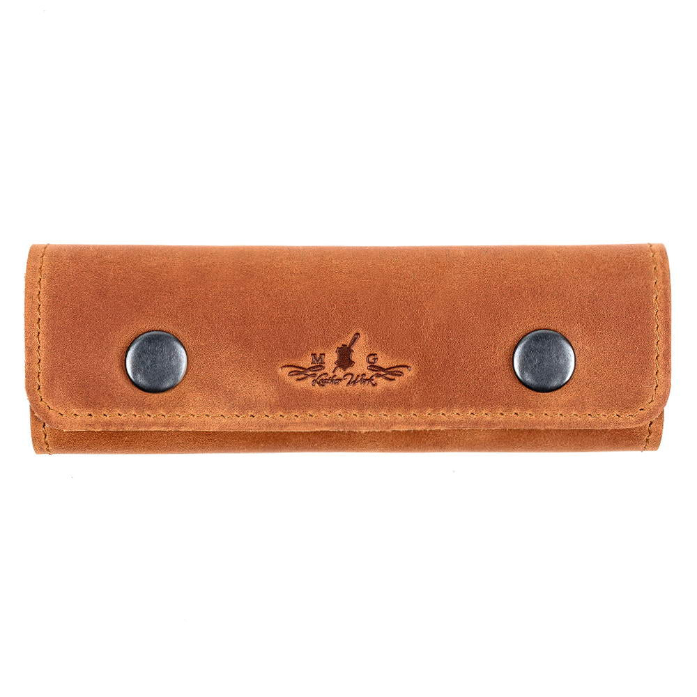 Light brown personalized leather guitar pick holder front view