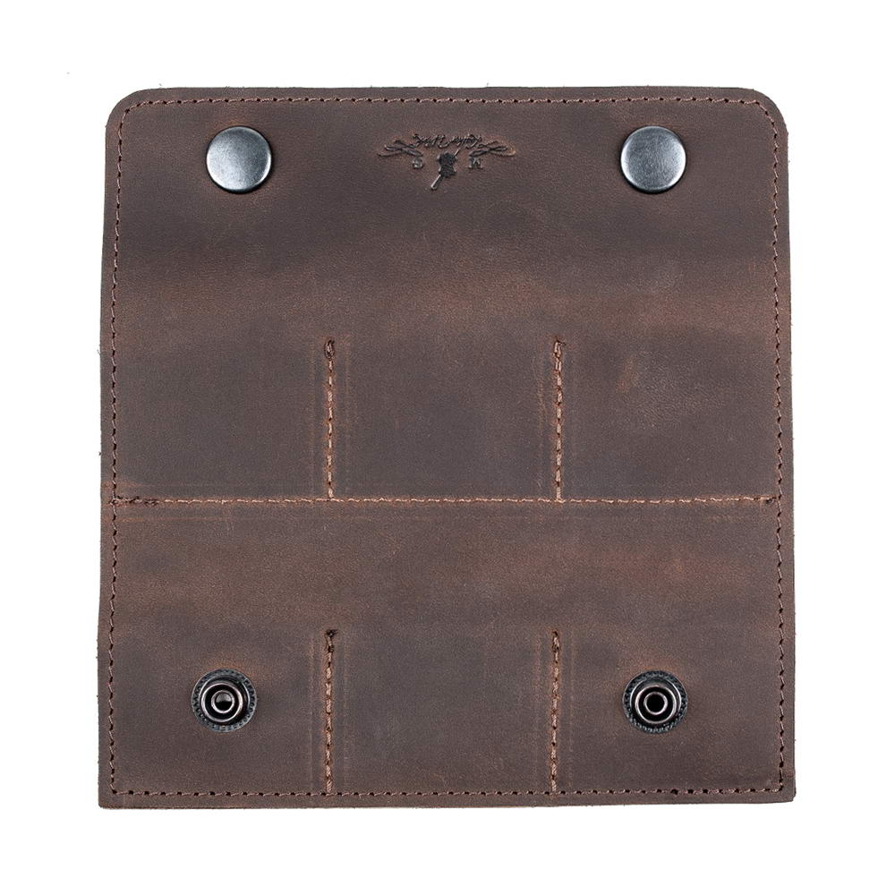 Brown leather pick case open back view