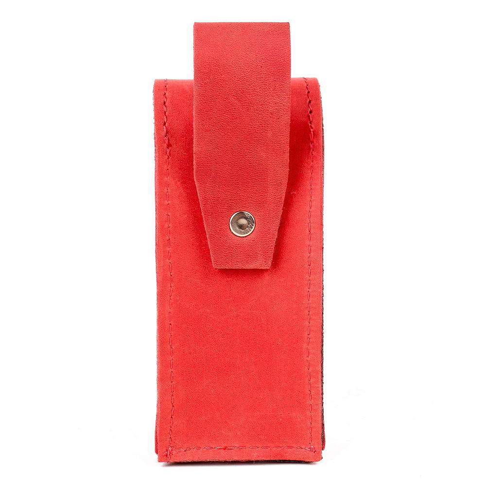 Back side of red leather harmonica case with belt loop and snap fastening