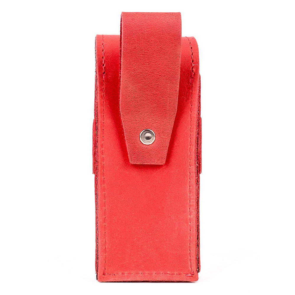 Back side of red harmonica case showing belt loop attachment.