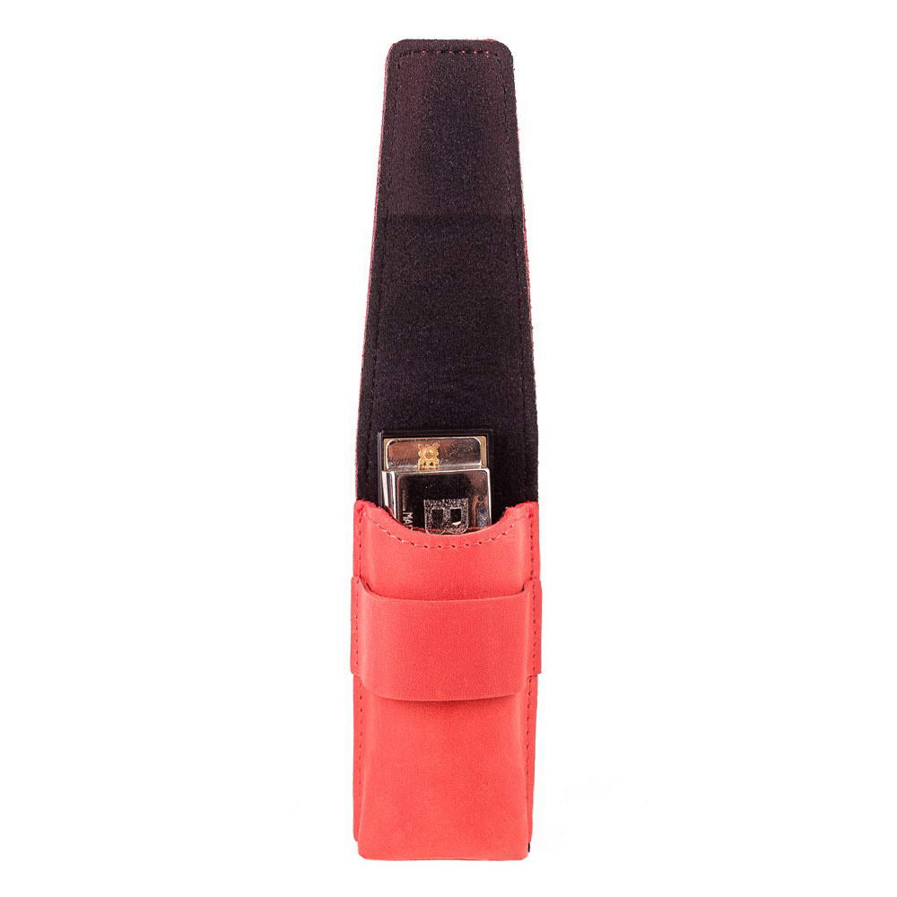 Red Crazy Horse leather harmonica case holding harmonica with open flap.