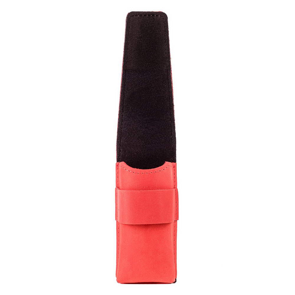 Side shot of red leather harmonica holder with flap open revealing inside.