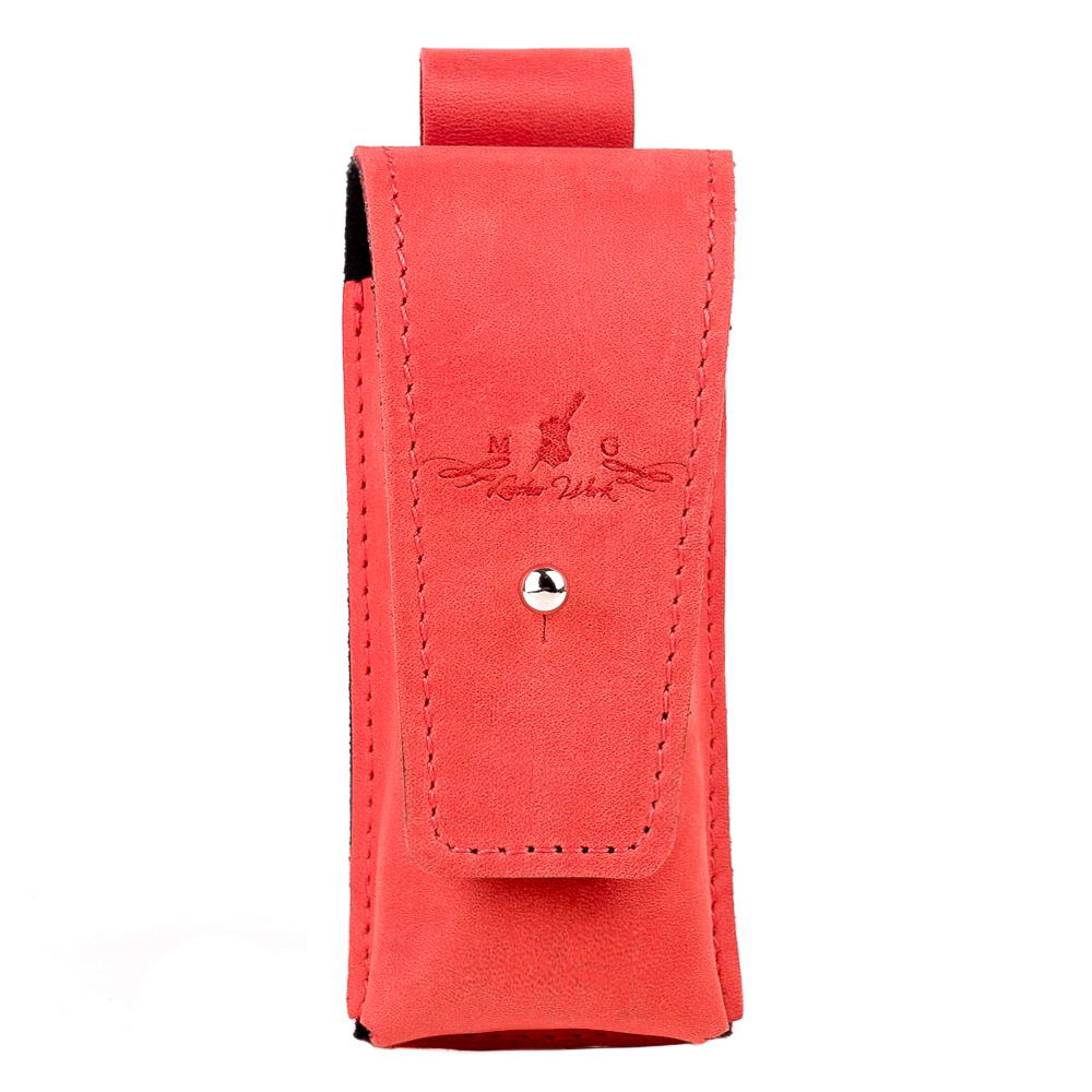 Front view of red leather harmonica case with snap closure and MG Leather Work logo embossing