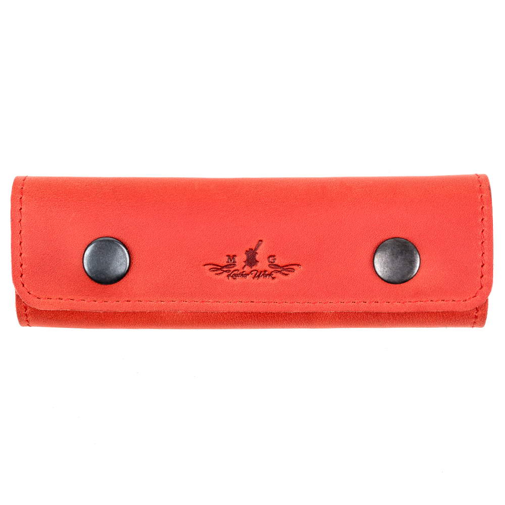 Red leather guitar pick case front view