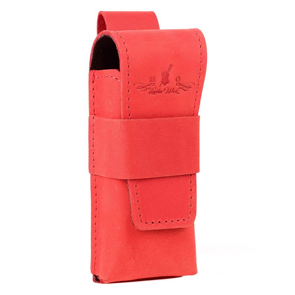 Angled front view of red leather harmonica holster with snap fastening.