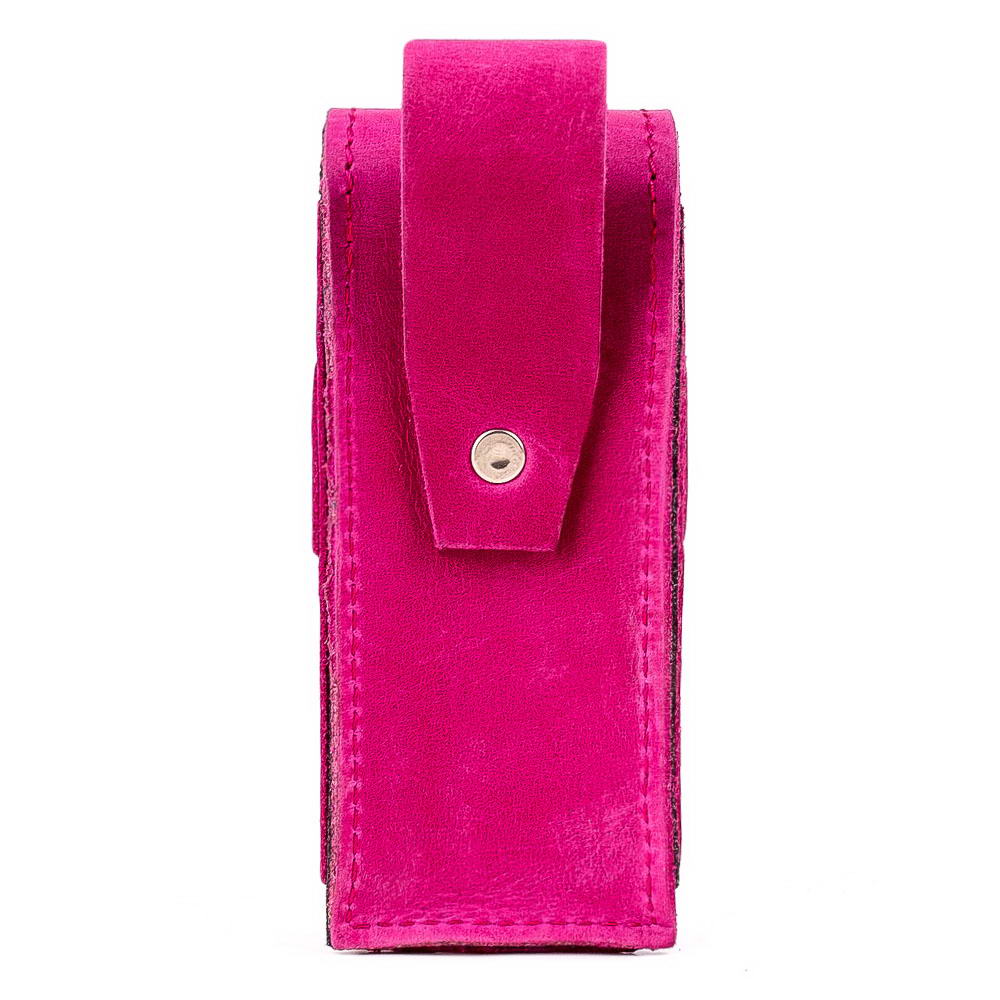 Back view of rose leather harmonica case showing belt loop.