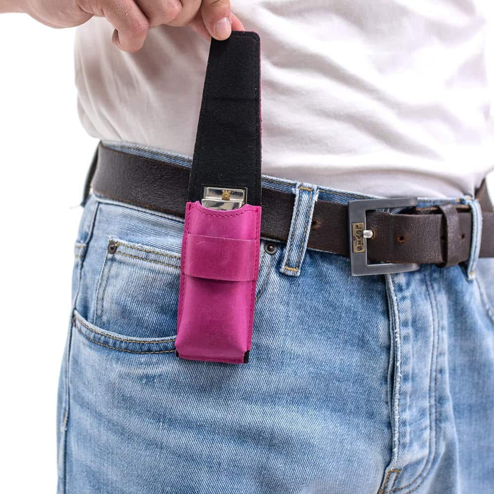 Rose harmonica holster with belt clip and flap open revealing instrument.