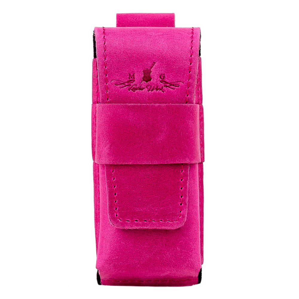 Front view of rose Crazy Horse leather harmonica case with embossed logo.
