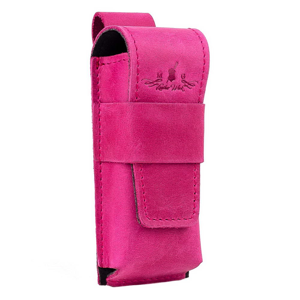 Angled perspective of rose leather harmonica holster with reinforced flap.