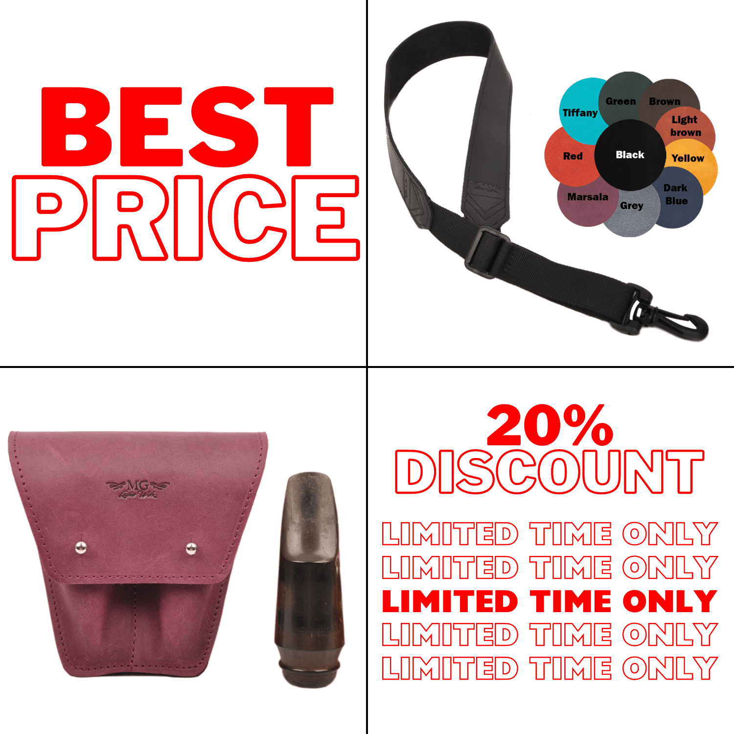 Set 2 in 1 Alto, Tenor, Soprano Saxophone Neck Strap and Double Mouthpiece Pouch