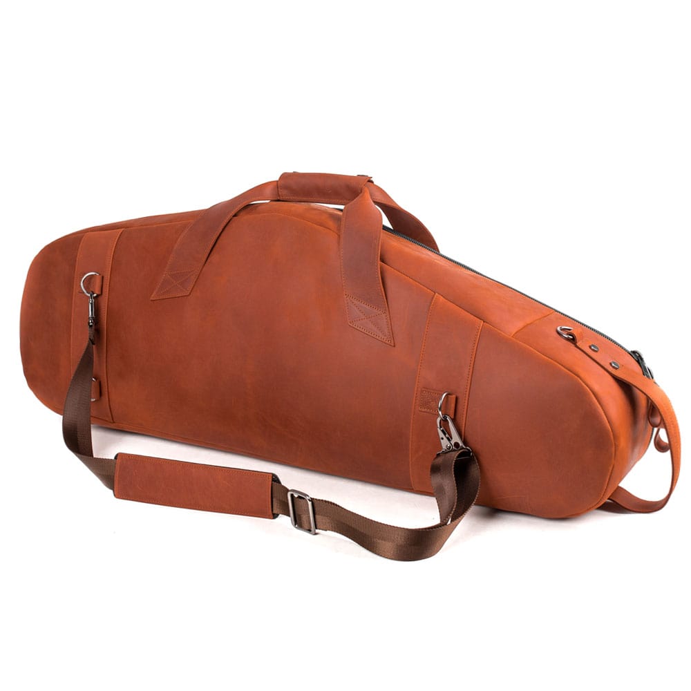 Back view of Tenor Saxophone Gig Bag in Light Brown Crazy Horse Leather, with D-rings and carry handles 