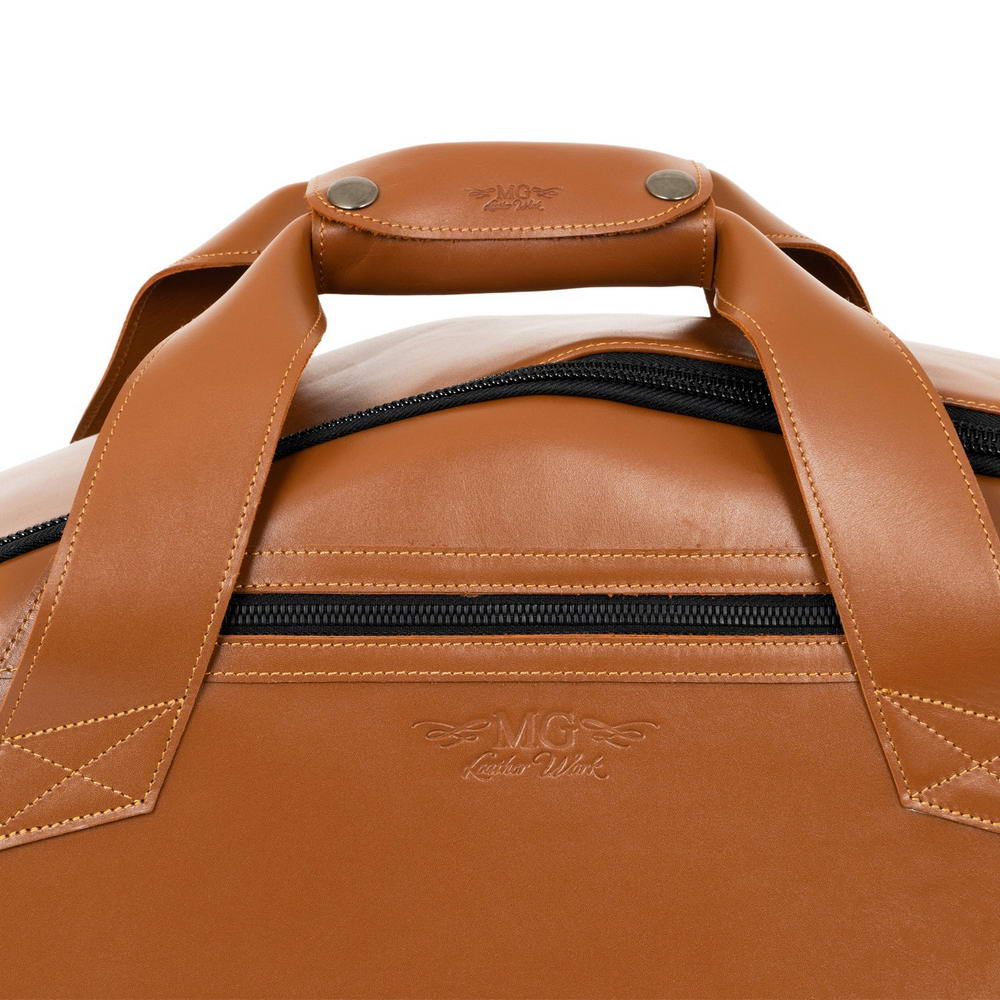 Close-up of horizontal carry handles on MG Leather Work Tenor Sax Gig Bag in Light Brown Detroit Leather with reinforced leather.