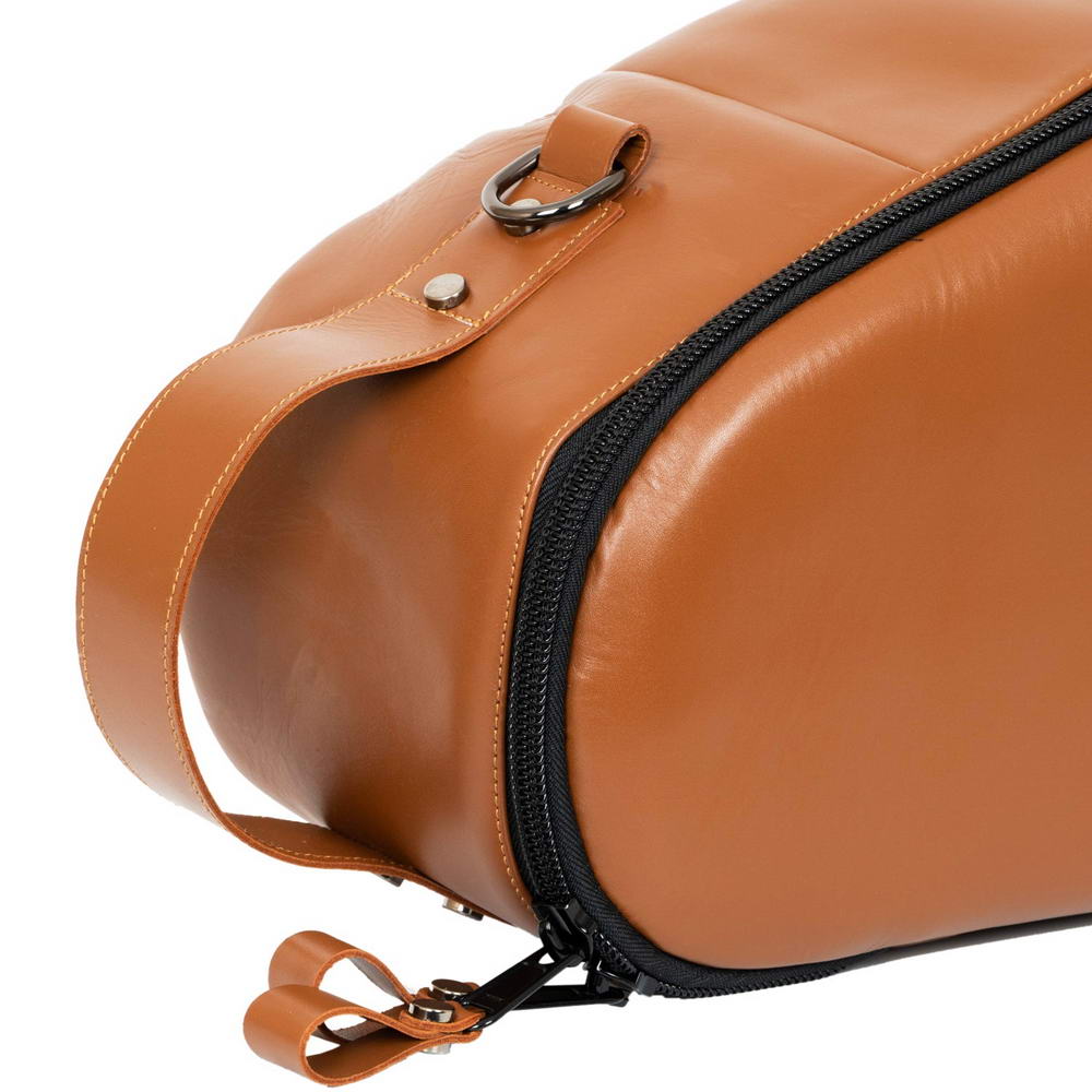 Close-up of vertical carry handle on MG Leather Work Tenor Sax Gig Bag in Light Brown Detroit Leather with D-ring for strap.