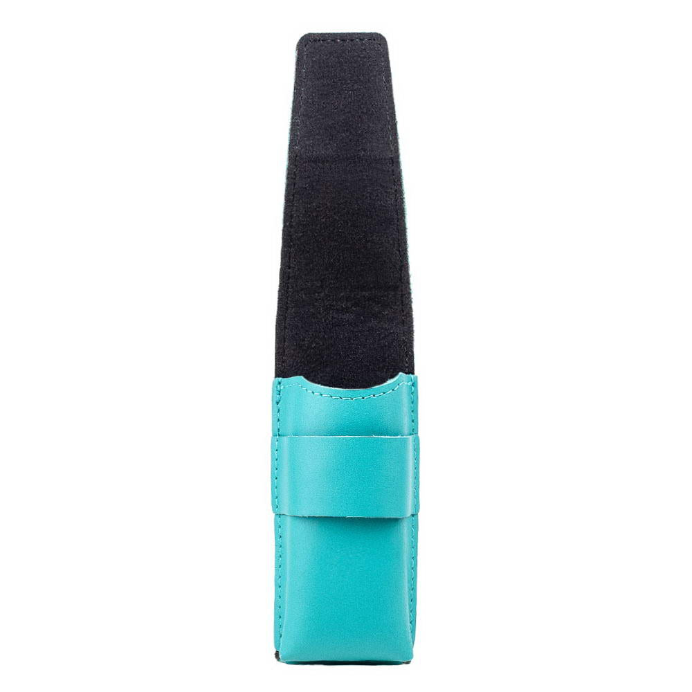 Side view of Tiffany harmonica holder with flap open showing interior.