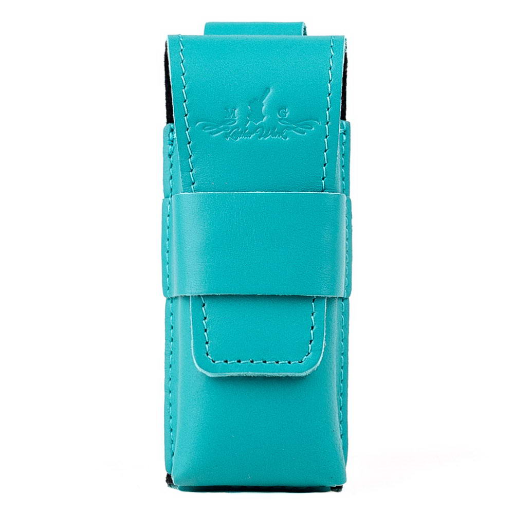 Front view of Tiffany blue harmonica case made from Crazy Horse leather.