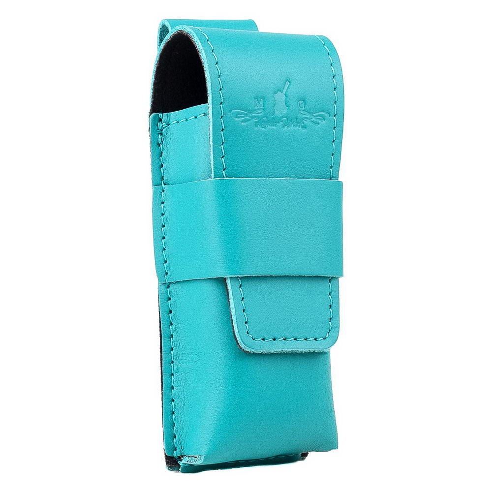 Angled view of Tiffany harmonica leather holster with snap closure.
