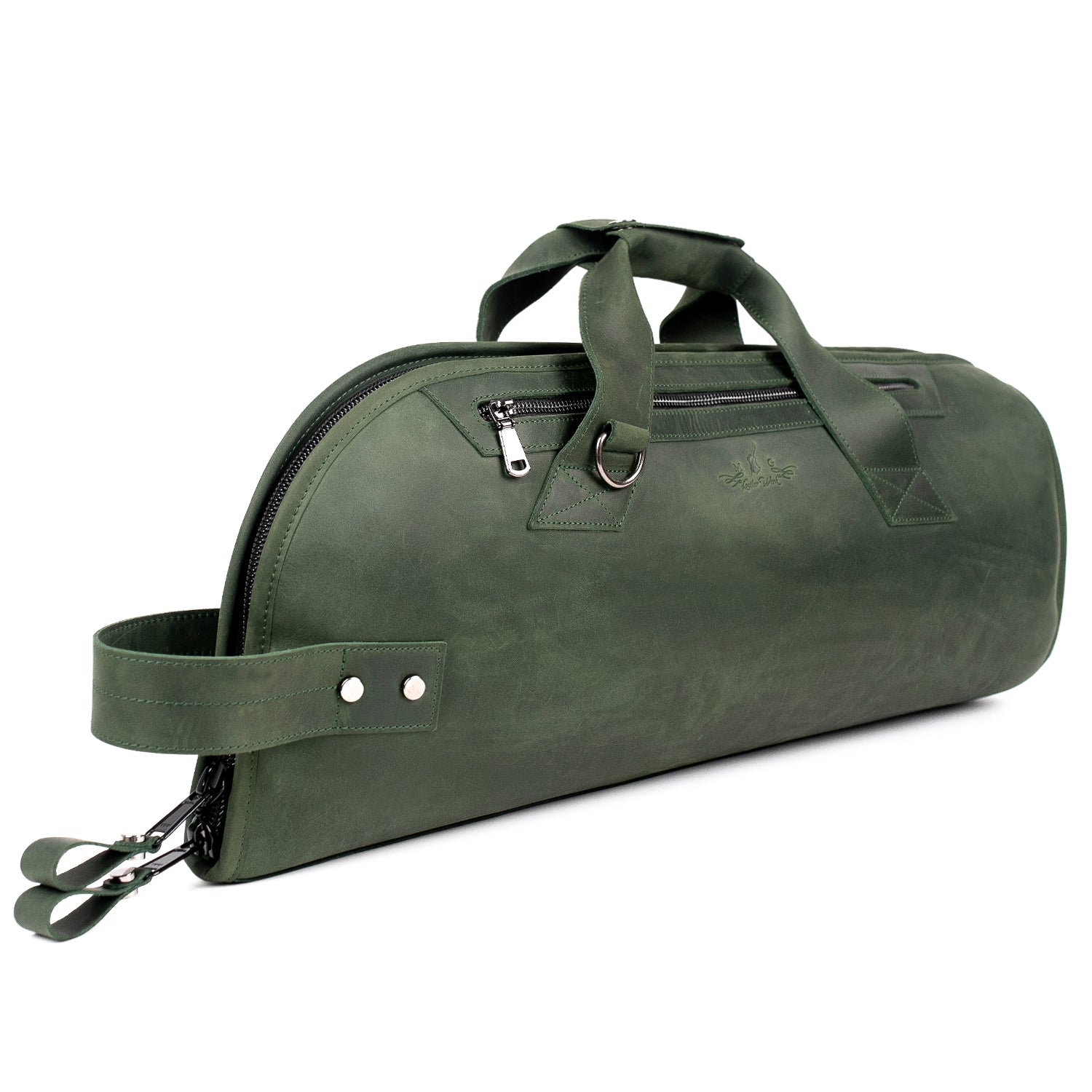 Trumpet Bag Green Crazy Horse Leather – angled side view showing zipper pocket and carrying handles