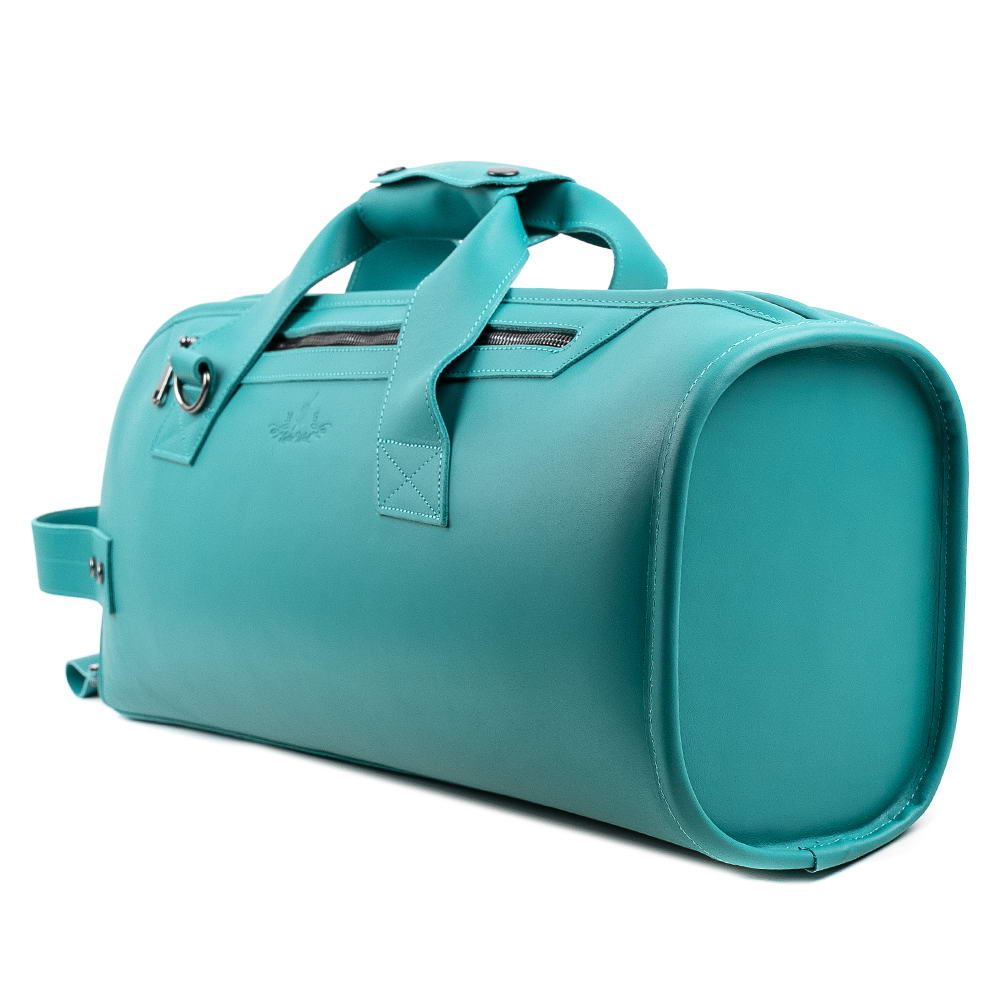 Back side of Tiffany leather trumpet gig bag featuring additional metal rings for shoulder strap attachment and clean smooth leather finish