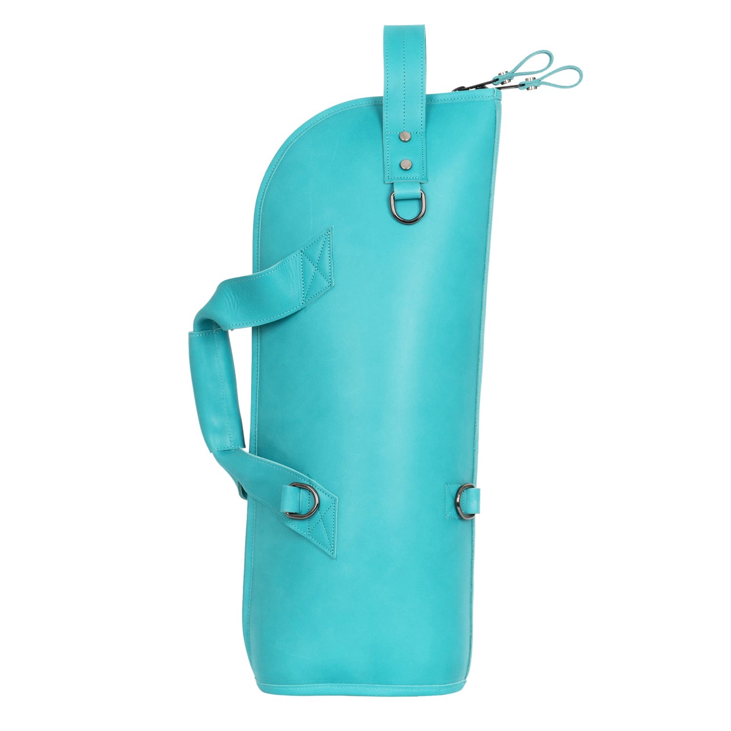 Back side of Tiffany leather trumpet gig bag featuring additional metal rings for shoulder strap attachment and clean smooth leather finish