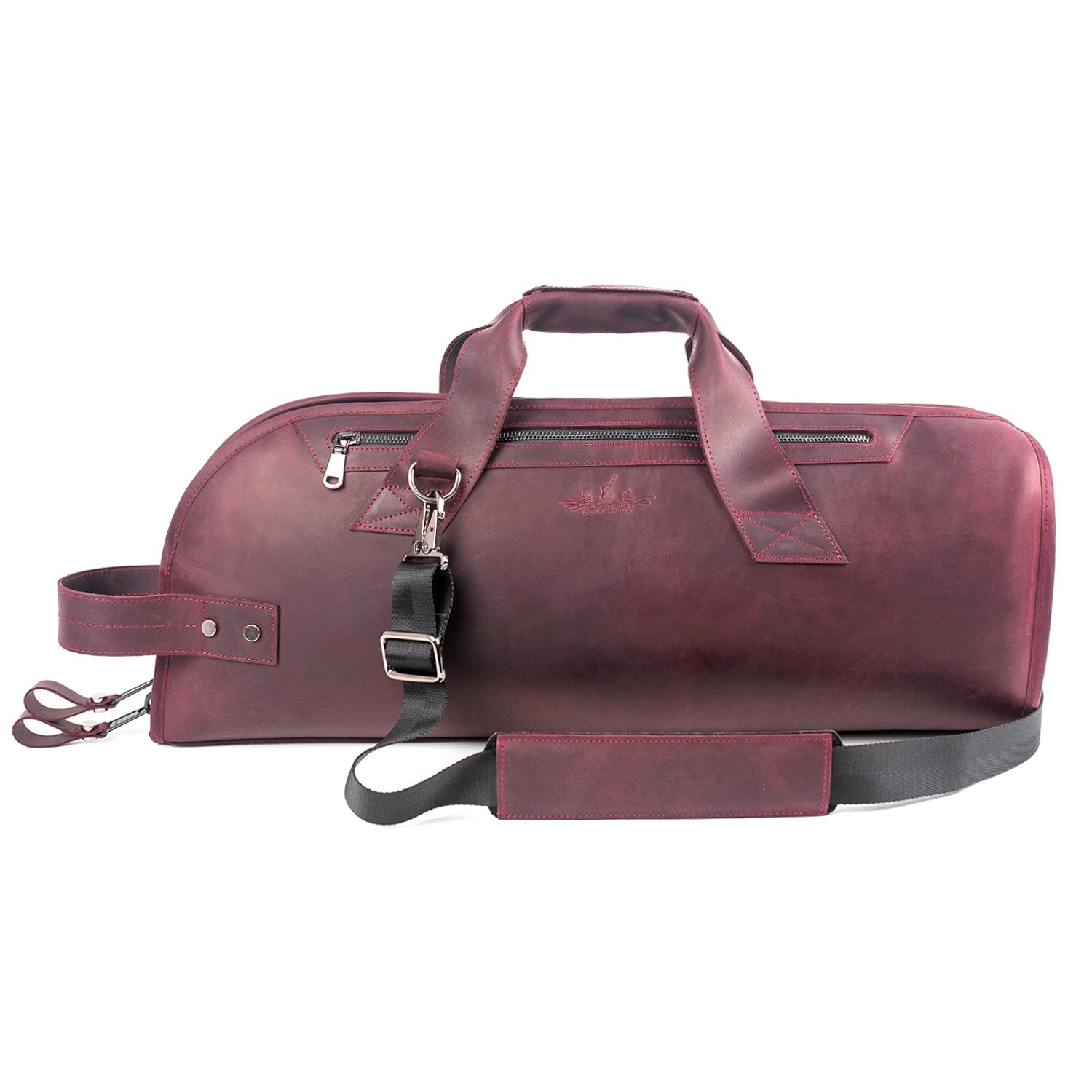 Front view of Trumpet Case Crazy Horse Marsala leather with adjustable shoulder strap