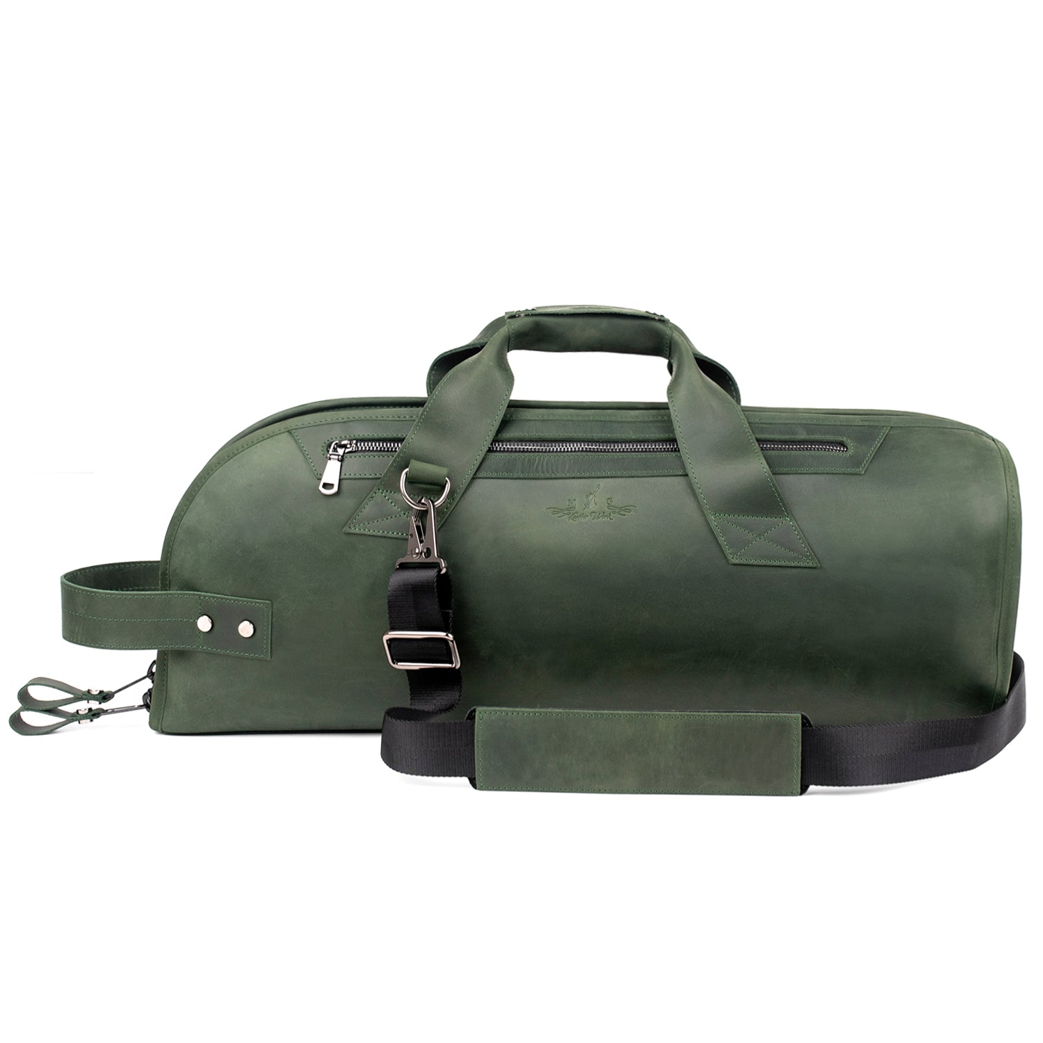 Trumpet Case Green Crazy Horse Leather – front view with detachable shoulder strap