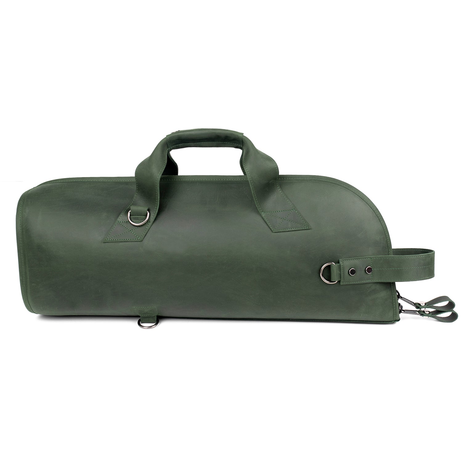 Trumpet Gig Bag Green Crazy Horse Leather – back view with three D-rings for shoulder strap attachment