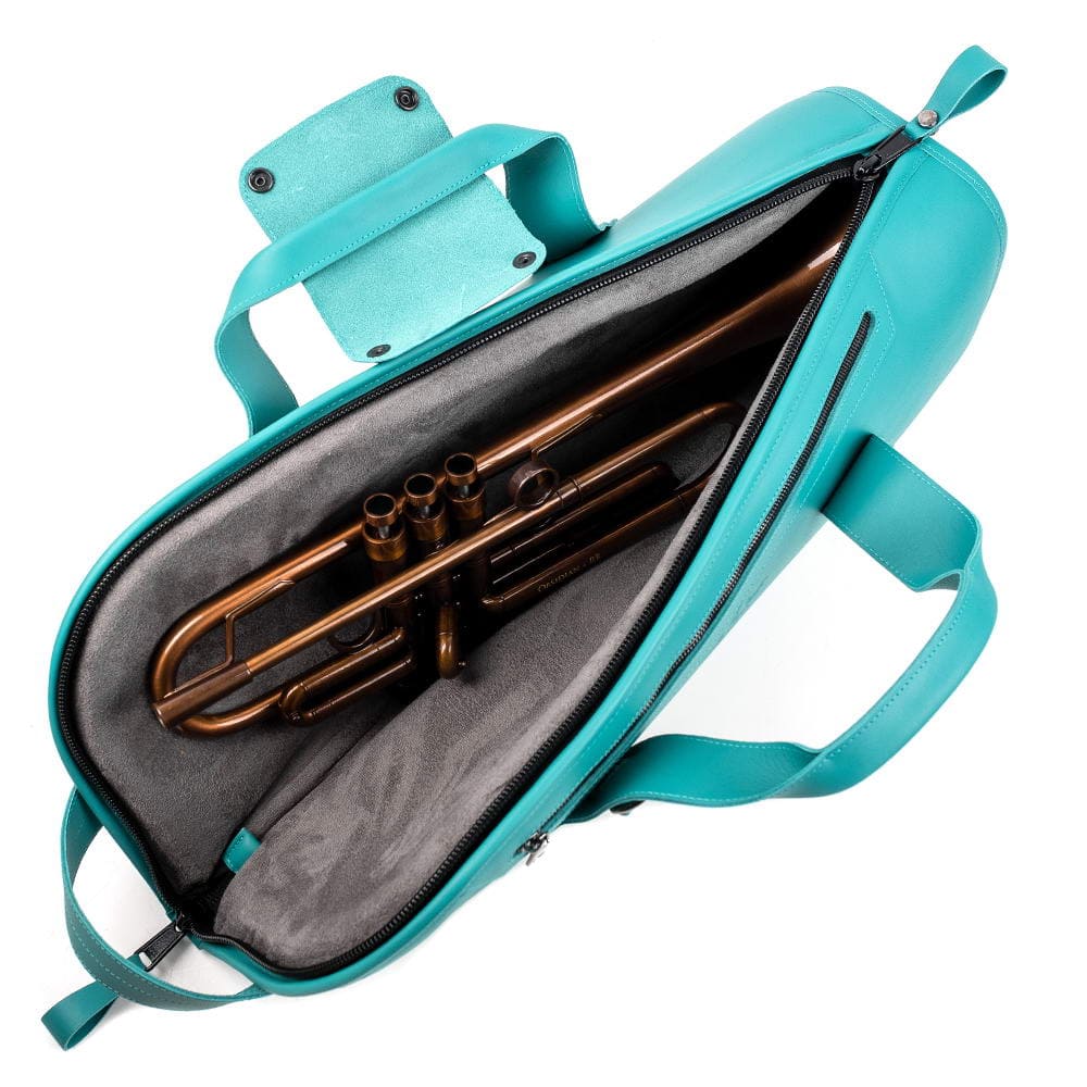 Open Tiffany trumpet casse showing a silver trumpet stored safely inside with padded interior and reinforced leather handles