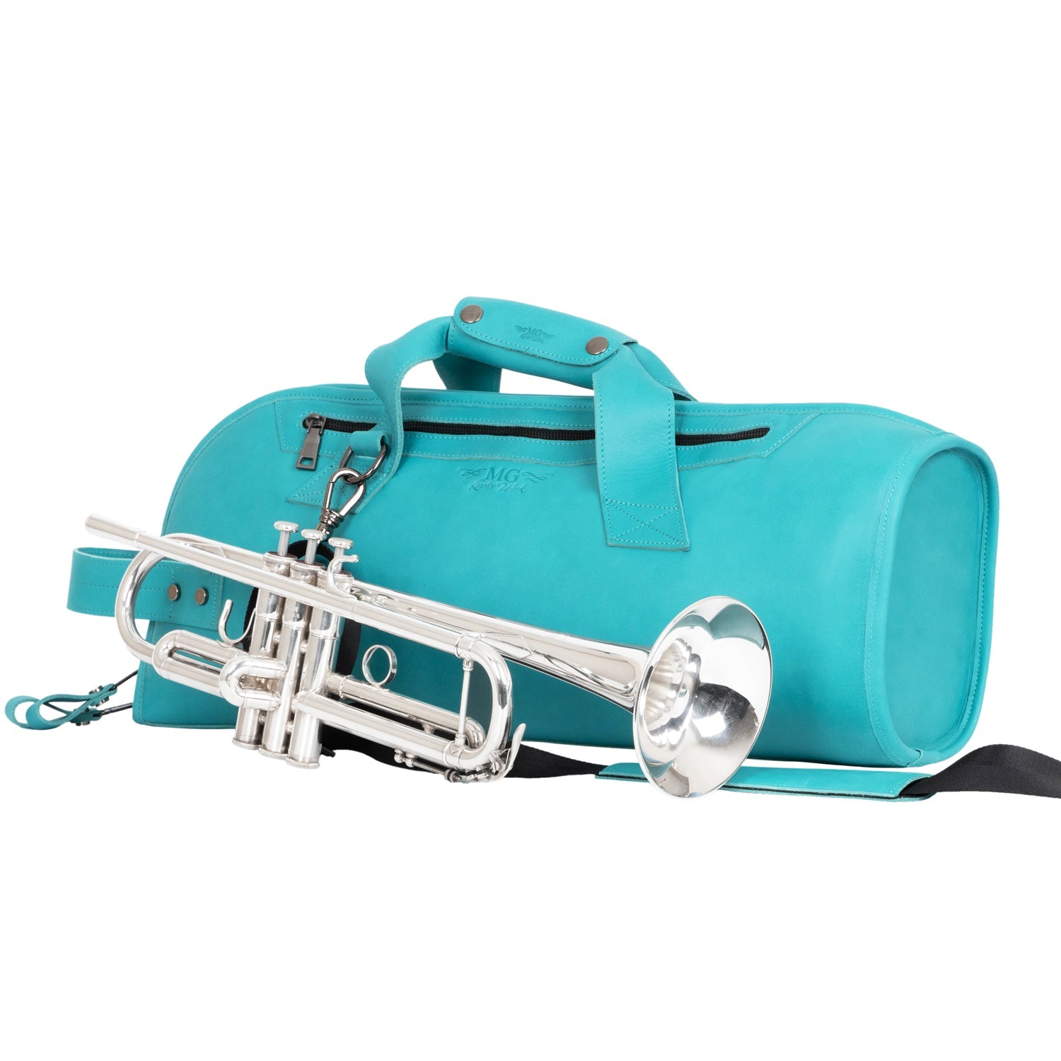 Handmade Tiffany blue leather trumpet gig bag crafted from Crazy Horse leather with detachable black strap, placed with a silver trumpet in front of the case
