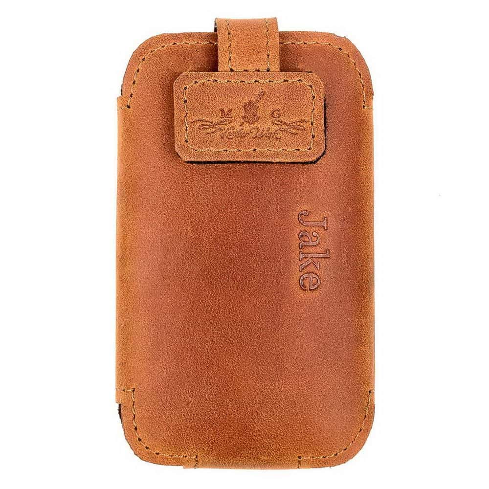 Front view of a personalized leather microphone pouch with the name “Jake.”