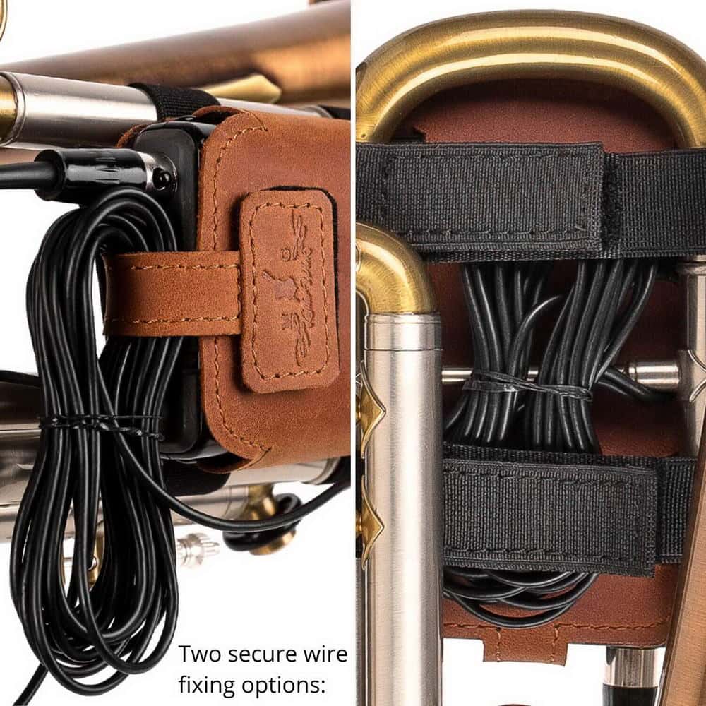 Trumpet microphone pouch with two cable attachment options: velcro and elastic.