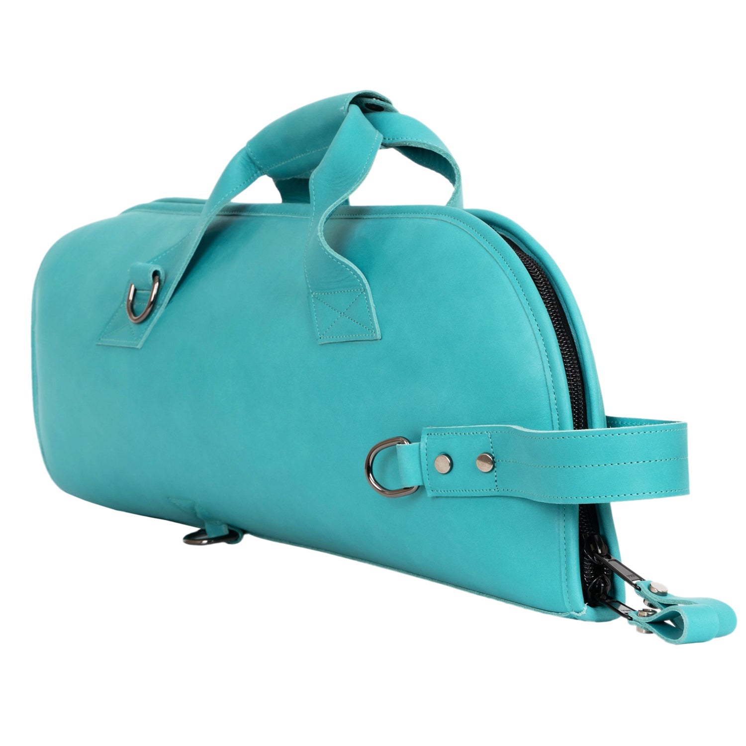 Diagonal angled view of Tiffany trumpet bag highlighting reinforced bottom, protective rounded shape and YKK zippers